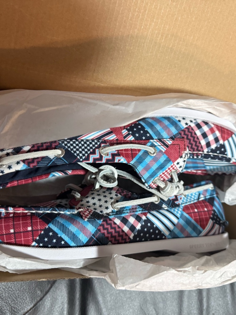 Sperry Patchwork Plaid Boat Sneakers - Red, Blue, White